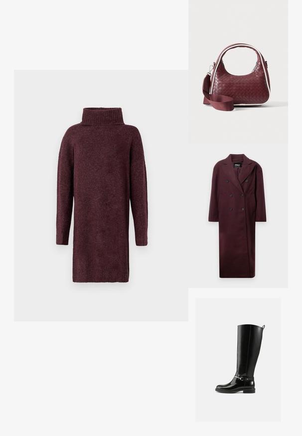 Long manteau bordeaux à double boutonnage, avec des boutons noirs et des poches latérales. Fabriqué dans un tissu lisse avec une coupe ajustée.; Robe en tricot bordeaux avec un col côtelé haut, des manches longues et une coupe ample. Texture douce avec une finition légèrement brossée.; Bottes noires montantes en cuir verni, avec un détail de boucle argentée à la cheville et une conception à bout arrondi. Semelle plate.; Sac à main en cuir tressé marron foncé avec poignée courbée, garniture blanche, fermeture éclair argentée et bandoulière large en tissu amovible sur fond uni.