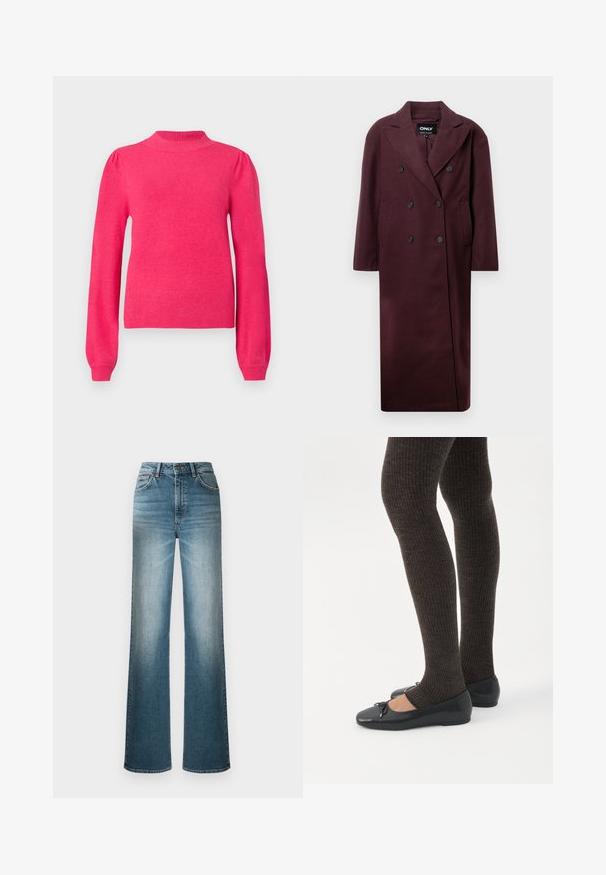Long manteau bordeaux à double boutonnage, avec des boutons noirs et des poches latérales. Fabriqué dans un tissu lisse avec une coupe ajustée.; Pull long rose vif à manches longues avec un col montant, des épaules légèrement bouffantes et des poignets et un ourlet côtelés.; Jean large bleu clair en denim. Présente une taille haute, un design à cinq poches et un effet délavé du haut vers le bas.; Jambes portant des leggings côtelés foncés associés à des ballerines noires avec de petits détails en nœud sur fond blanc.