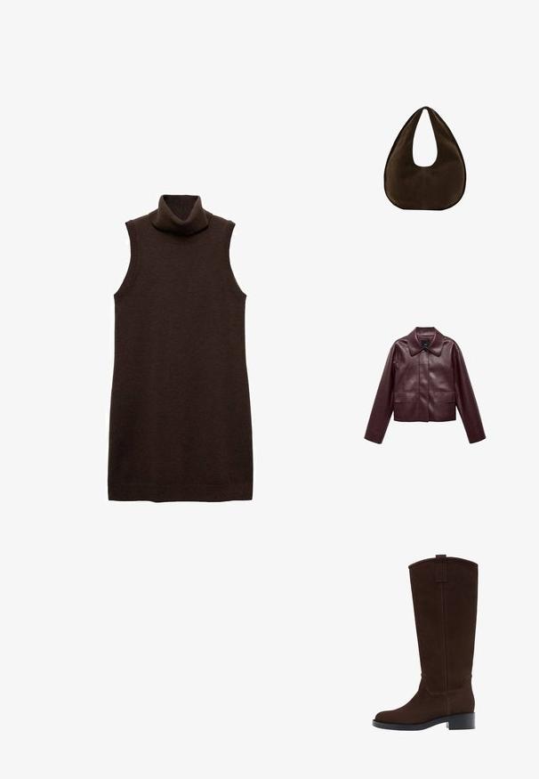 Burgunderlæder cropped jakke med krave, frontknaplukning og to brystlommer. Glat tekstur og tætsiddende ærmer.; Brun ærmeløs turtleneck kjole lavet af blødt materiale, med en høj krave og en figursyet silhuet, samt ribbede kanter ved halsen og kanten.; Høj mørkebrun ruskindsstøvle med lav stablet hæl og rundet tå, med en trækkemærke øverst på skaftet.; Mørkebrun ruskind skuldertaske formet som en halvmåne med en bred rem og glat tekstur på en hvid baggrund.
