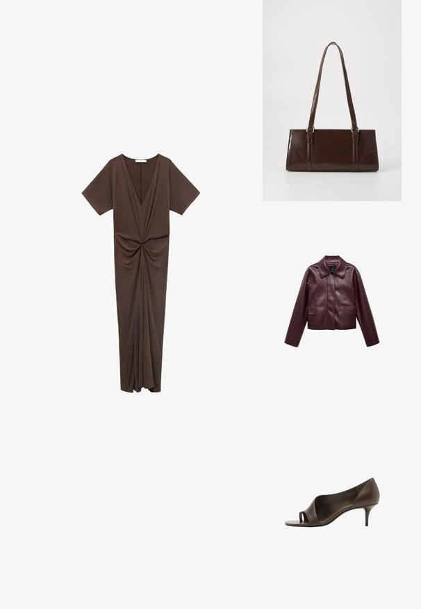 Bordeaux leren cropped jas met een kraag, sluiting met knopen aan de voorkant en twee borstzakken. Glad textuur en aangesloten mouwen.; Bruine jurk tot de knie, gemaakt van een zachte stof, met een diepe V-hals, korte mouwen en een gather-detaillering bij de taille. Gladde textuur.; Bruine leren open-toe hoge hak met een gladde textuur en een slanke stilettohak. Kenmerkt zich door een uitsnijding en een minimalistisch ontwerp.; Bruine lakleren handtas met een rechthoekige vorm, twee lange handvatten en subtiele gebogen accenten aan de voorkant.
