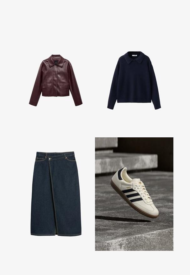 Burgunderlæder cropped jakke med krave, frontknaplukning og to brystlommer. Glat tekstur og tætsiddende ærmer.; Marineblå strikket langærmet sweater med en bred, spids krave og en afslappet pasform på en hvid baggrund.; Denim nederdel i mørk navyblå, midi-længde, med et omslagdesign, synlige sømme i en kontrastfarve og en slids foran.; Hvid Adidas Samba sneaker med sorte striber og gummsål, svævende over teksturerede grå betonstrin.