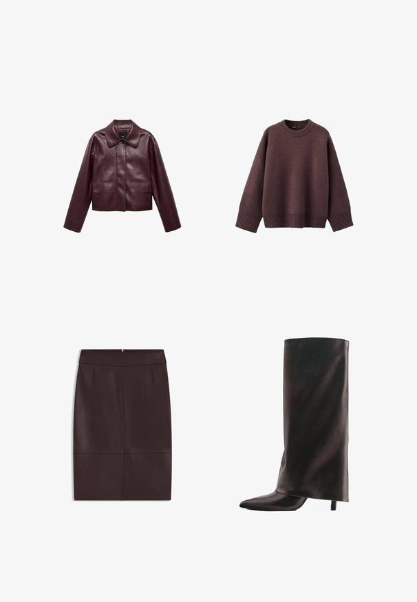 Burgunderlæder cropped jakke med krave, frontknaplukning og to brystlommer. Glat tekstur og tætsiddende ærmer.; Løs pasform sweater i mørk bordeaux, lavet af blødt strikket stof. Har en ribstrikket rund hals, vide ærmer og en ribstrikket kant.; Bordeaux læderblyantnederdel med en glat tekstur, der har frontfald og en skjult lynlås bagpå til lukning.; Høj sort læderstøvle med spids tå og slank mellemhøj hæl på hvid baggrund.