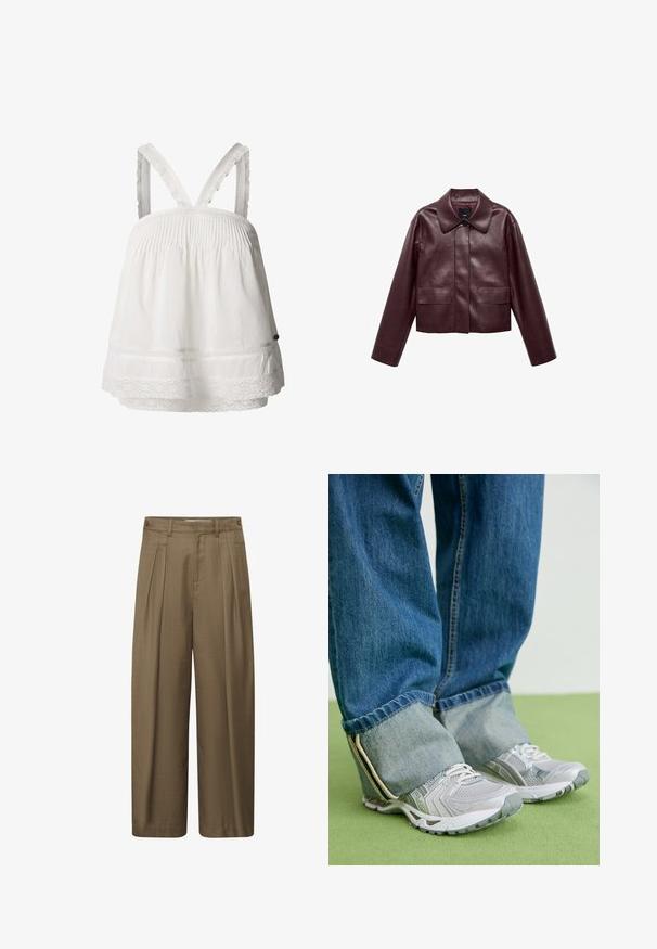 Burgunderrote, taillierte Lederjacke mit Kragen, Knopfverschluss auf der Vorderseite und zwei Brusttaschen. Schmale Passform und enganliegende Ärmel.; Weißes Baumwolloberteil mit Rüschendetail, Spitzensaum am Saum und verstellbaren Rüschenträgern. Leichter Stoff, lockere Passform.; Braune, weit geschnittene Hosen mit vorderen Falten, Gürtelschlaufen und seitlichen Knöpfen am Bund, aus strukturiertem Stoff gefertigt.; Graue Turnschuhe aus Mesh-Material mit weißen Akzenten, kombiniert mit blauen Jeans, die an den Knöcheln umgeschlagen sind.