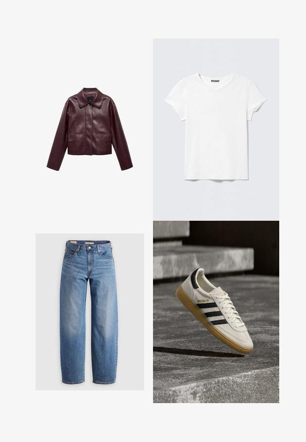 Burgunderlæder cropped jakke med krave, frontknaplukning og to brystlommer. Glat tekstur og tætsiddende ærmer.; Enkelt hvid T-shirt med korte ærmer og V-hals, med et lille "WEEKDAY" mærke indeni kraven, vist mod en lysegrå baggrund.; Lysblå lige ben jeans lavet af denim. Har et klassisk fem-lomme design og subtile falmede områder langs benene.; Hvid Adidas Spezial sneaker med sorte striber og gummisål, svævende over grå stentrin udendørs.