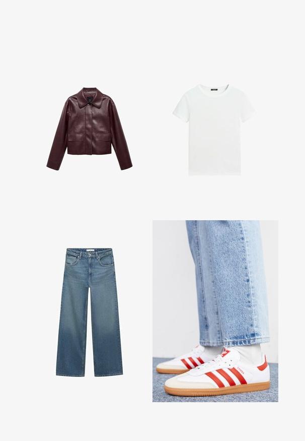 Bordeaux leren cropped jas met een kraag, sluiting met knopen aan de voorkant en twee borstzakken. Glad textuur en aangesloten mouwen.; Effen wit T-shirt met korte mouwen, een ronde hals en een klein zwart labeltje aan de binnenkant van de kraag.; Lichtblauwe wijde jeans van denim, met een middelhoge taille, twee voorkruiszakken en klassieke stikdetails.; Witte leren sneakers met rode strepen en accenten. Voorzien van een getextureerde gumrubberen outsole en een gevoerde kraag. Draag ze met lichtblauwe denim.