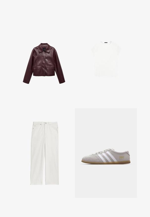 Bordeaux leren cropped jas met een kraag, sluiting met knopen aan de voorkant en twee borstzakken. Glad textuur en aangesloten mouwen.; Witte katoenen T-shirt met een ronde halslijn en korte mouwen. Eenvoudig ontwerp, geen patronen of accenten. Zachte, gladde textuur.; Witte denim jeans met een rechte pijpdesign, voorzien van voorkruiden en metalen knoopaccenten. Gladde textuur met minimale stikdetails.; Grijze suede sneaker met witte leren strepen en gouden logo detail. Platte gum zool, ronde neus en klassiek vetersluitingssysteem.