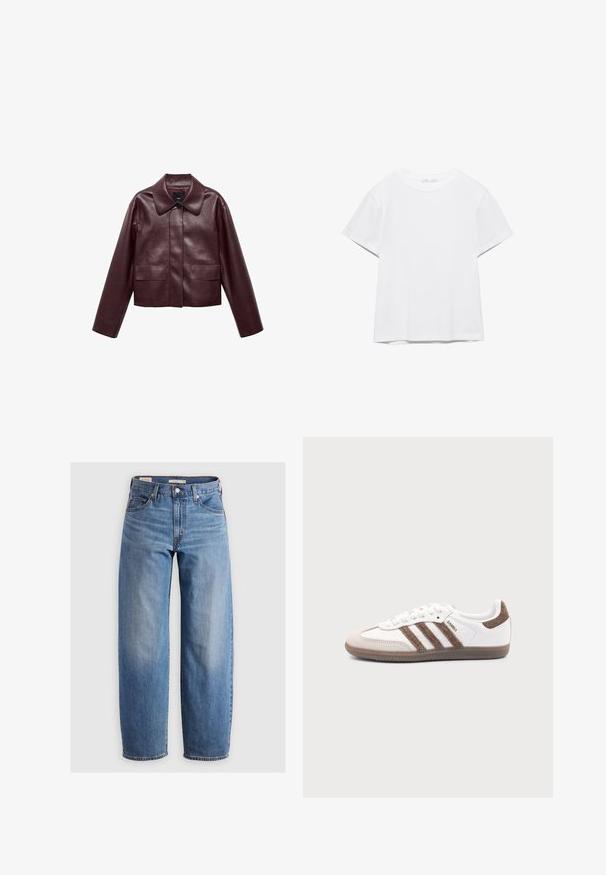 Bordeaux leren cropped jas met een kraag, sluiting met knopen aan de voorkant en twee borstzakken. Glad textuur en aangesloten mouwen.; Effen wit T-shirt met korte mouwen en ronde hals, met een rechte zoom, gepresenteerd tegen een witte achtergrond.; Lichtblauwe rechte spijkerbroek van denim. Bevat een klassiek vijf-pocket ontwerp en subtiele vervaging langs de benen.; Witte Adidas Samba sneaker met bruine suède strepen, bruine rubberen zool en beige suède neuskap, getoond vanaf de buitenkant op een effen achtergrond.