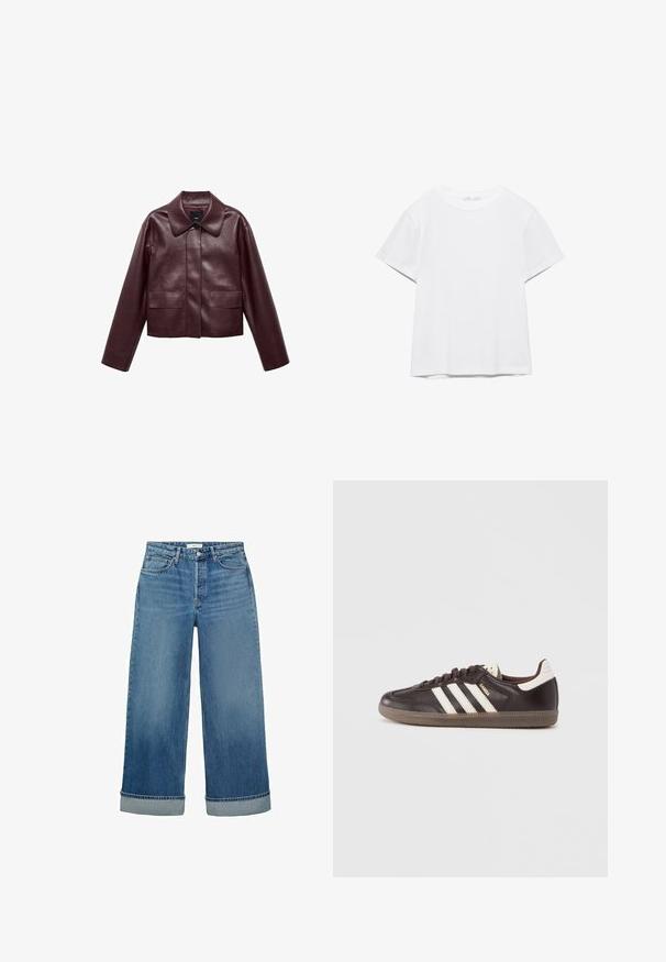 Bordeaux leren cropped jas met een kraag, sluiting met knopen aan de voorkant en twee borstzakken. Glad textuur en aangesloten mouwen.; Effen wit T-shirt met korte mouwen en ronde hals, met een rechte zoom, gepresenteerd tegen een witte achtergrond.; Wijde blauwe denim jeans met een middelmatige wassing en opgerolde broekspijpen. Heeft de klassieke vijf-pocket styling en een knoopsluiting.; Donkerbruine leren sneakers met een wit drie-strepen ontwerp, een rubberen zool en "Samba" in gouden letters aan de zijkant. Klassieke lage schoenvorm.