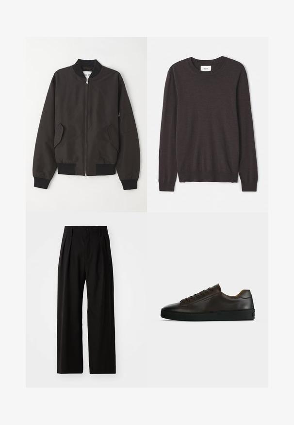 NN.07 Bombejakke - black; Mørkebrun strikkegenser med rund hals, lange ermer, ribbede mansjetter og kant, glatt tekstur og minimal merkevarelabel.; Svart brede bukser med en glatt tekstur, med to frontfolder, en knappelukking og sidelommer. Slitesterk stoff.; Lavprofil mørkebrun lær-sneaker med svart gummisåle, snøring foran og glatt, minimalistisk design på lys bakgrunn.