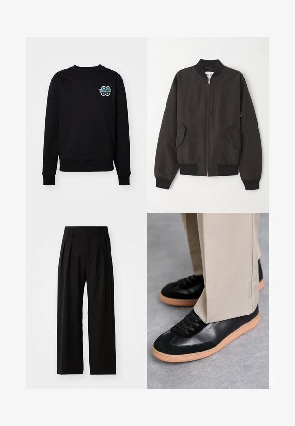 NN.07 Bomberjacks - black; Zwart sweatshirt met een ronde hals, lange mouwen en een textuur met geborduurd logo in groen en wit op de borst. Zachte stof.; Zwarte wijde broek met een gladde textuur, voorzien van twee voorklokken, een knoopsluiting en zijzakken. Duurzaam materiaal.; Paul Smith COMO - Sneakers laag - black