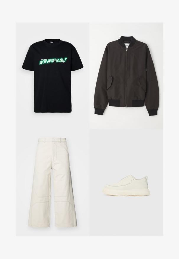 NN.07 Bomberjacks - black; Zwarte katoenen t-shirt met opvallende groene en witte grafische tekst "WHAT IS?" aan de voorkant. Ronde hals en korte mouwen.; A-COLD-WALL* FORMAT PANT - Broek - beige bone; Instapsneaker in off-white, gestructureerd materiaal met een dikke, geribbelde zool. Voorzien van minimale naden en een subtiele lichtblauwe accent.
