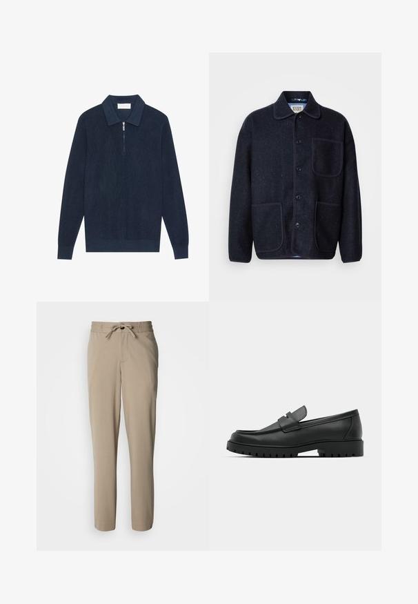 Marineblå uldblandingsjakke med krave, fem frontknapper, to påsyede lommer og kontrastfarvet piping langs syningerne.; Mørk marineblå strikket langærmet polo shirt med ribbet tekstur og en kort sølv lynlås ved kraven.; Beige bukser lavet af et blødt stof, med snøre i taljen og en afslappet pasform, med lige ben og ingen synlige lommer.; Sorte læder loafers med rund tå, der har et syet design, lav platformssål og en struktureret, skridsikker gummisål.