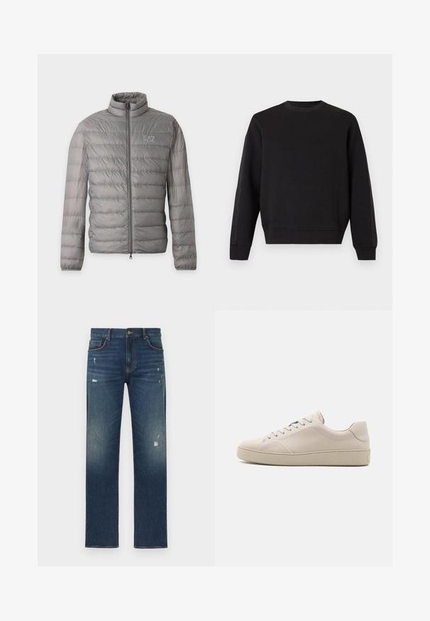 Grå let vatteret jakke med vandret quiltning, høj krave, fuld lynlås foran og lille EA7 Emporio Armani-logo på brystet.; Sort langærmet crewneck-sweatshirt med ribstrikkede ærmekanter og kant, ensfarvet design, vist mod en lys baggrund.; Blå denimjeans med et lige ben-design, der har let slid og falmen, fem lommer og en knaplukning i taljen.; Beige lædersneakers med en glat finish, rund tå, flad sål og klassisk snøredesign. Subtile syninger og struktureret ydersål.