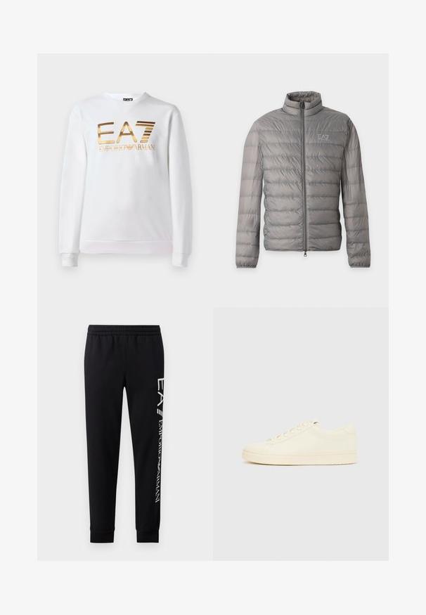 Sivá ľahká prešívaná bunda s horizontálnym prešívaním, vysokým golierom, celým predným zipsom a malým logom EA7 Emporio Armani na hrudi.; Biela mikina vyrobená z bavlny s dlhými rukávmi a okrúhlym výstrihom. Na prednej strane sa nachádza kovovo zlaté logo "EA7 EMPORIO ARMANI".; Čierne tepláky vyrobené z bavlnenej zmesi, s elastickým pásom, zúženými nohavicami, ribovanými manžetami a bielym logom na boku.; Sneaker krémovej farby s hladkým koženým zvrškom, zaoblenou špičkou, šnurovačkou vpredu a textúrovanou gumovou podrážkou. Minimalistický dizajn, bez loga.