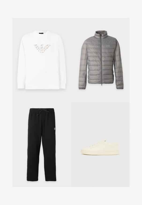 Grå let vatteret jakke med vandret quiltning, høj krave, fuld lynlås foran og lille EA7 Emporio Armani-logo på brystet.; Hvid sweatshirt med et struktureret, flerfarvet logo designet i midten. Lange ærmer og en ribbet rund halsudskæring. Blødt materiale.; Sorte joggingbukser med elastisk talje og snøre, med et lille rektangulært EA7-logo på øvre venstre lår.; Sneaker i cremefarve med en glat læderoverdel, rundet tå, snørelukning foran og en tekstureret gummisål. Minimalistisk design uden logoer.