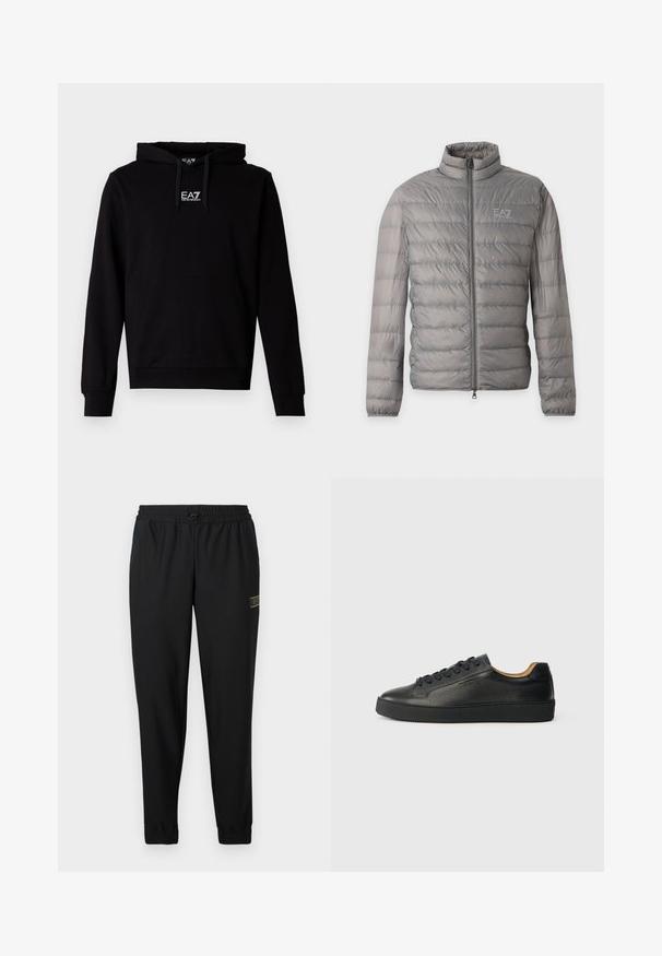 Veste matelassée légère grise avec quilting horizontal, col montant, fermeture éclair complète sur le devant et petit logo EA7 Emporio Armani sur la poitrine.; Sweat à capuche en coton noir avec une poche kangourou à l'avant, une capuche ajustable avec cordon de serrage, et un logo EA7 blanc sur la poitrine. Manches longues avec poignets côtelés.; Pantalon de sport noir en tissu texturé, taille élastique, cordon de serrage, jambes fuselées, avec un petit logo doré sur le côté gauche.; Baskets basses en cuir noir avec surface texturée, lacets noirs et semelle en caoutchouc épaisse, présentées de côté sur un fond clair.