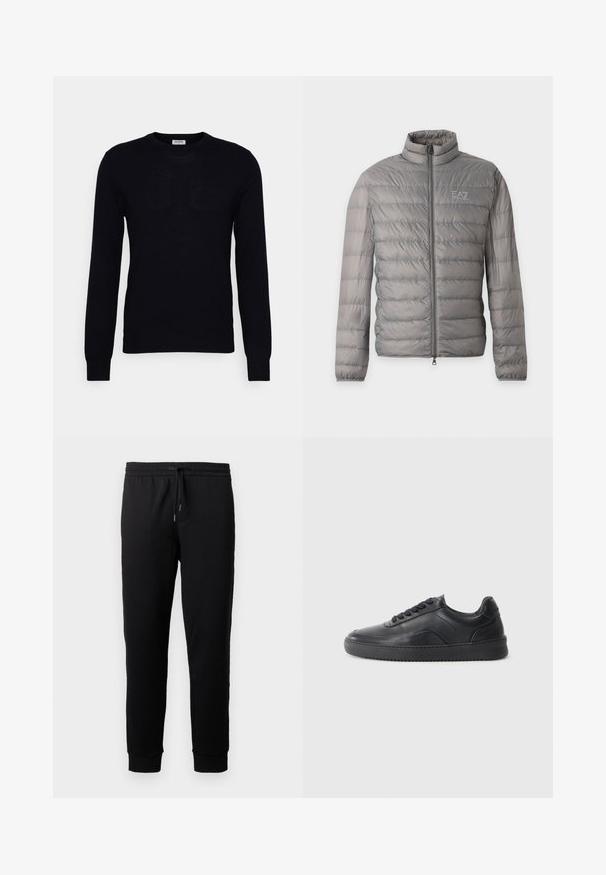 Grå let vatteret jakke med vandret quiltning, høj krave, fuld lynlås foran og lille EA7 Emporio Armani-logo på brystet.; Sort langærmet sweater lavet af blødt strikket materiale. Rund halsudskæring, ribbede manchetter og kant. Minimalistisk design uden synlige mønstre eller knapper.; Sorte joggingbukser lavet af blødt stof med elastisk livvidde og snøre. Har tapered ben med ribbede manchetter.; Sorte lædersneakers med en glat finish, rund tå, struktureret sidelæder og sorte snørebånd. Har en flad gummisål og et minimalistisk design.