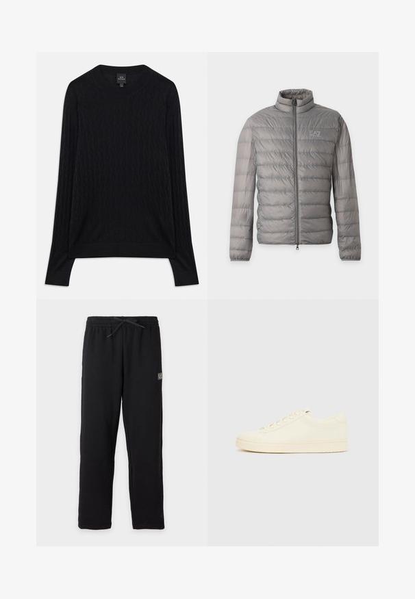 Veste matelassée légère grise avec quilting horizontal, col montant, fermeture éclair complète sur le devant et petit logo EA7 Emporio Armani sur la poitrine.; Pull en tricot noir avec un motif en chevrons, col rond et poignets côtelés. Texture douce et coupe décontractée. Manches longues avec des fentes sur les côtés.; Pantalon de survêtement noir avec taille élastique et cordon, avec un petit patch logo EA7 rectangulaire sur la partie supérieure de la cuisse gauche.; Baskets couleur crème avec une tige en cuir lisse, bout arrondi, laçage à l'avant et semelle en caoutchouc texturée. Design minimaliste, sans logo.