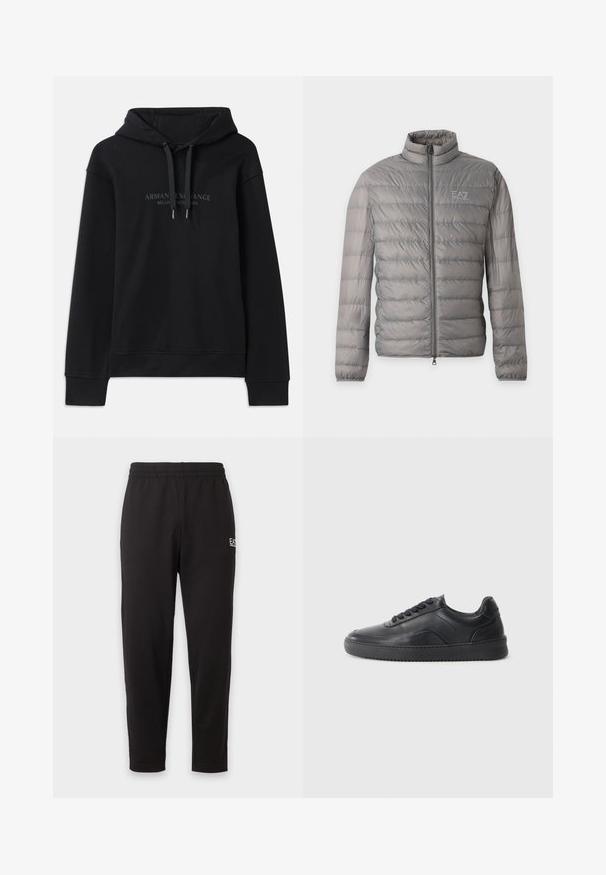 Grå let vatteret jakke med vandret quiltning, høj krave, fuld lynlås foran og lille EA7 Emporio Armani-logo på brystet.; Sort hættetrøje lavet af blødt stof, med snoretræk i hætten og ribbede manchetter. Broderet logo i mørke nuancer på fronten.; Sorte elastiske sweatpants med taperede ben og et lille hvidt logo på den øverste venstre lår.; Sorte lædersneakers med en glat finish, rund tå, struktureret sidelæder og sorte snørebånd. Har en flad gummisål og et minimalistisk design.