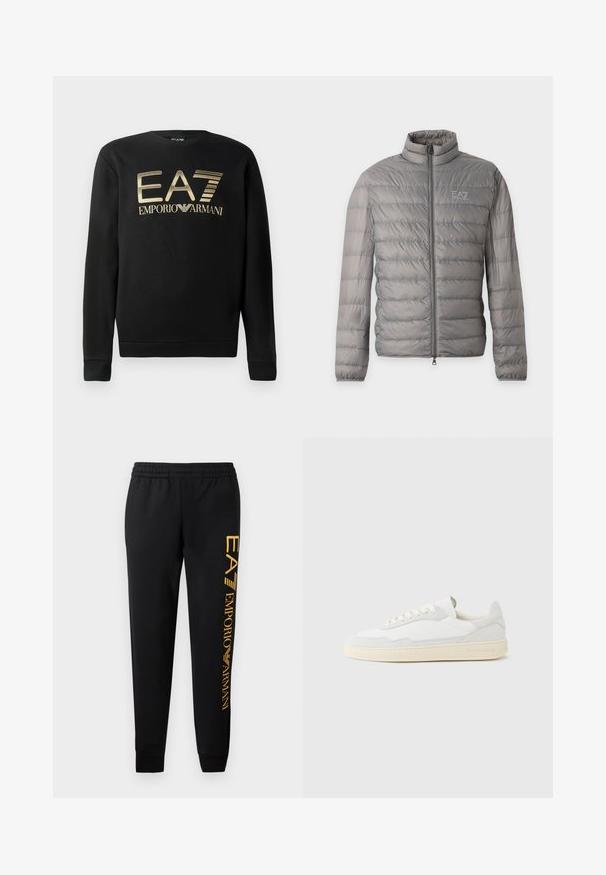 Chaqueta acolchada ligera gris con acolchado horizontal, cuello alto, cremallera completa en la parte delantera y pequeño logo EA7 Emporio Armani en el pecho.; Sudadera negra con cuello redondo, que presenta el logo dorado de EA7 Emporio Armani en el pecho. Tejido suave con puños y dobladillo acanalados.; Pantalones de chándal negros con cintura elástica y bajos ajustados. Presentan un logotipo dorado vertical impreso en la pierna izquierda. Hechos de tela suave.; Zapatilla blanca con parte superior texturizada de ante y cuero. Presenta una puntera redondeada, cierre con cordones y suela de goma beige contrastante.