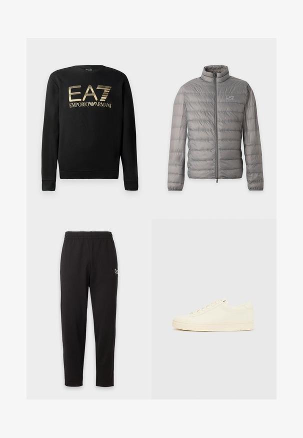 Grijze lichtgewicht donzenjas met horizontale stiksels, een hoge kraag, volledige voorrits en klein EA7 Emporio Armani-logo op de borst.; Zwart sweatshirt met ronde hals, voorzien van het gouden EA7 Emporio Armani-logo op de borst. Zachte stof met geribbelde mouwen en onderrand.; Zwarte joggingbroek met elastische taille, taps toelopende pijpen en een klein wit logo op het bovenste linker bovenbeen.; Slofkleurige sneaker met een glad leren bovenwerk, ronde neus, vetersluiting en een geribbelde rubberen zool. Minimalistisch ontwerp, zonder logo's.