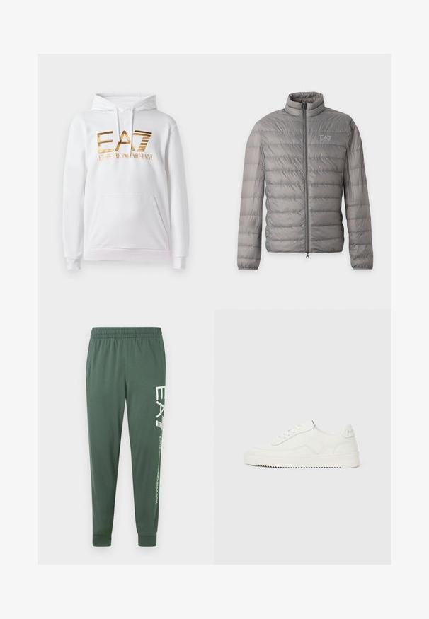Grå let vatteret jakke med vandret quiltning, høj krave, fuld lynlås foran og lille EA7 Emporio Armani-logo på brystet.; Hvid hoodie med en forlommes, der har et guldmetallic logo med teksten "EA7 EMPORIO ARMANI." Blødt stof og ribbede manchetter.; Grønne atletikbukser med elastisk linning, tilspidset form og hvid logodetalje langs venstre ben; glat, letvægtsstof.; Hvid lavskoet lædersneaker med snørelukning, tekstureret hælkappe og let rillede hvide gummisål på en ensfarvet lys baggrund.