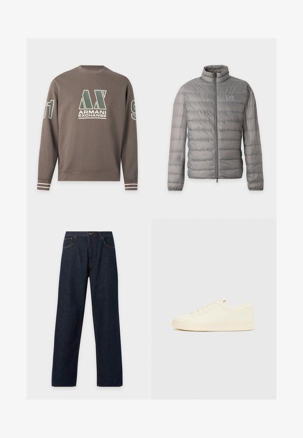 Veste matelassée légère grise avec quilting horizontal, col montant, fermeture éclair complète sur le devant et petit logo EA7 Emporio Armani sur la poitrine.; Sweat-shirt marron à manches longues avec le logo Armani Exchange sur la poitrine, le numéro 91 sur les manches et des rayures blanches aux poignets.; Jean droit en denim bleu foncé avec poches avant et coutures marron visibles, posé à plat sur un fond clair.; Baskets couleur crème avec une tige en cuir lisse, bout arrondi, laçage à l'avant et semelle en caoutchouc texturée. Design minimaliste, sans logo.