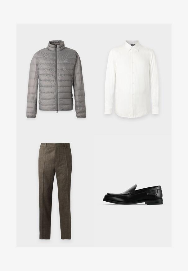 Chaqueta acolchada ligera gris con acolchado horizontal, cuello alto, cremallera completa en la parte delantera y pequeño logo EA7 Emporio Armani en el pecho.; Camisa blanca de manga larga con rayas verticales, cuello abotonado y cierre frontal de botones. Tela suave con textura lisa.; Los pantalones marrones de cuadros presentan un corte recto, pliegues frontales y trabillas para el cinturón. Están confeccionados con una tela texturizada con finas rayas.; Mocasín negro de cuero tipo slip-on con tacón bajo, punta redondeada y costura decorativa a lo largo del borde superior.