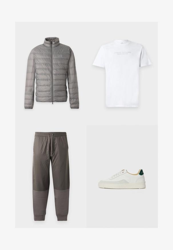 Hall kerge sulejope horisontaalse triibutusega, kõrge kraega, täieliku esiluku ja väikese EA7 Emporio Armani logoga rinnal.; Valge puuvillane T-särk, millel on ümmargune kaelus, lühikesed varrukad ning esiküljel reljeefne "ARMANI EXCHANGE MILANO/NEW YORK" logo.; Tumed hallid sportlikud püksid elastse vöökoha ja reguleeritava nööriga. Omavad siledat kangast ribakudumisega varrukates ja kontrastsetes paneelides.; Valged tennisjalanõud, millel on sametised aktsendid, ümar varvas, lame nöörid ja kreemjas kummine põhja. Hästi nähtav roheline bränding kannal.
