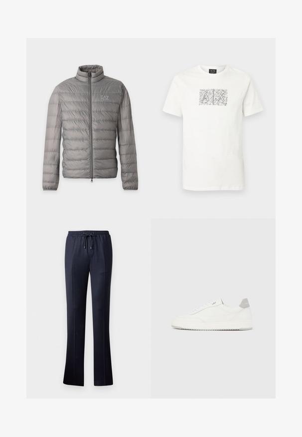 Chaqueta acolchada ligera gris con acolchado horizontal, cuello alto, cremallera completa en la parte delantera y pequeño logo EA7 Emporio Armani en el pecho.; Camiseta blanca de manga corta con cuello redondo y un gráfico abstracto en blanco y negro que muestra las letras "A" y "X" superpuestas en el centro del pecho.; Pantalones de pierna ancha color marino, confeccionados con una tela suave que cuenta con una cinturilla elástica y cordón. Presentan una textura lisa y sin patrones visibles.; Zapatilla blanca de corte bajo con pestaña en el talón gris, cordones blancos y suela texturizada, presentada sobre un fondo claro y liso.