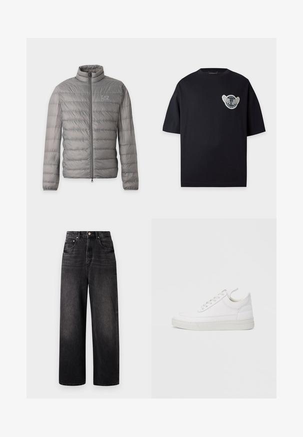 Graue leichte Steppjacke mit horizontaler Steppung, hohem Kragen, durchgehendem Frontreißverschluss und kleinem EA7 Emporio Armani-Logo auf der Brust.; Schwarzes T-Shirt mit kurzen Ärmeln, rundem Ausschnitt und kleinem geflügeltem Emblem auf der linken Brust mit der Aufschrift "Archive Emporio Armani."; Schwarze Jeans aus Denim mit lockerer Passform, hoher Taille, fünf Taschen und sichtbarem Knopfverschluss. Sie verfügen über dezente Verblassung und ein gerades Bein-Design.; Weißer Ledersneaker mit abgerundetem Zehenbereich, flacher Sohle und Schnürverschluss. Verfügt über Nahtdetails und einen gepolsterten Kragen für zusätzlichen Komfort.