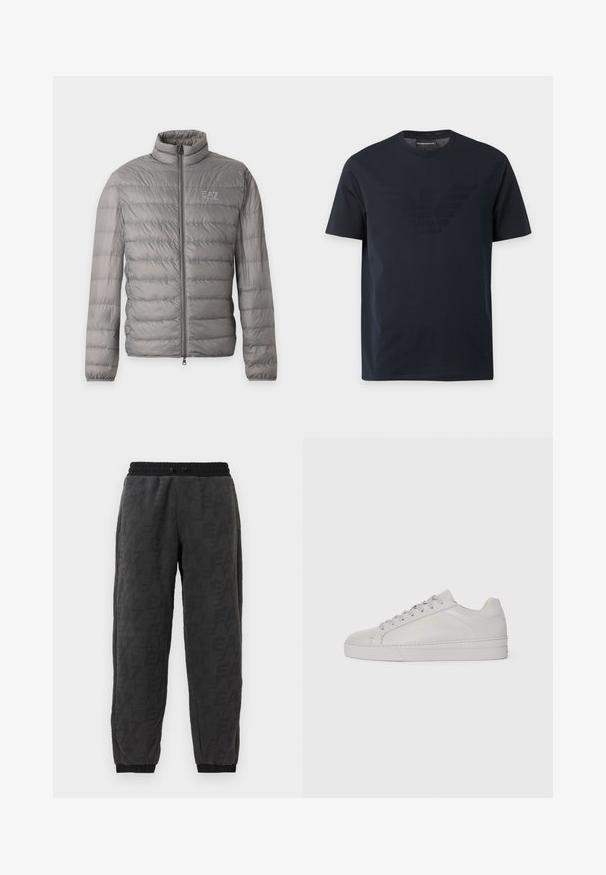 Grå let vatteret jakke med vandret quiltning, høj krave, fuld lynlås foran og lille EA7 Emporio Armani-logo på brystet.; Sort T-shirt med korte ærmer og rund halsudskæring med et diskret præget ørnelogo på brystet og et mærke med brandnavn indeni kraven.; Grå joggerbukser med et tekstureret stof, der har et logo mønster over hele stoffet, elastisk talje og elastiske manchetter ved anklerne.; Lys grå lædersneaker med en glat tekstur, afrundet tå, flad gummisål og tonede snørebånd. Har minimal branding i guld.