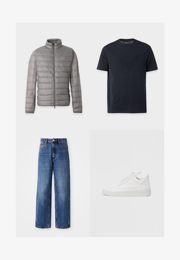 Sivá ľahká prešívaná bunda s horizontálnym prešívaním, vysokým golierom, celým predným zipsom a malým logom EA7 Emporio Armani na hrudi.; Čierne tričko s krátkym rukávom a okrúhlym výstrihom s jemným vyrazeným logom orla na hrudi a značkovou nálepkou vo vnútri goliera.; Modré jeans s širokými nohavicami a vysokým pásom, viditeľným šitím, predným zapínaním na gombík a voľným strihom, s vyblednutým umývaním a bočnými vreckami.; Biela kožená teniska s okrúhlou špičkou, plochou podrážkou a šnurovaním vpredu. Má švy a polstrovaný golier pre pohodlie.