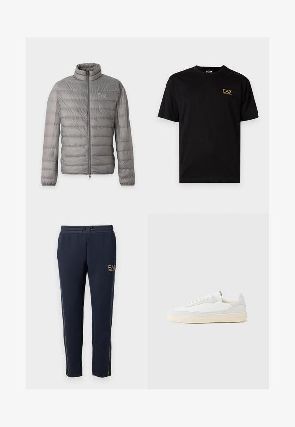 Hall kerge sulejope horisontaalse triibutusega, kõrge kraega, täieliku esiluku ja väikese EA7 Emporio Armani logoga rinnal.; Mustrasti must t-särk lühikeste varrukatega, millel on vasakul rinnal väike kollane tikandiga logo. Klassikaline ümar kaelus.; Tumed spordipüksid pehmest kangast, millel on nööriga vöökoht, kuldsed aksessuaared ja külgsirged, on mõeldud mugavuseks ja mitmekesisuseks.; Valge tennisejalanõu, mille ülemine osa on valmistatud tekstuurse seemisnahast ja nahast. Omab ümarat ninaosa, paeltega sulgurit ja kontrastset beeži kummist tallaga.