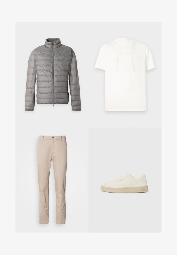 Chaqueta acolchada ligera gris con acolchado horizontal, cuello alto, cremallera completa en la parte delantera y pequeño logo EA7 Emporio Armani en el pecho.; Camiseta blanca de manga corta hecha de algodón suave con un logo cuadrado texturizado en la parte frontal. Cuello redondo y corte relajado.; Chinos de algodón beige con corte recto, trabillas para cinturón, un solo botón frontal y una superficie lisa, sin texturizar. No se ven bolsillos.; Zapatillas de lona blancas con suela de goma texturizada, que cuentan con una puntera cosida y un acento de logo en el talón. Diseño simple de cordones.