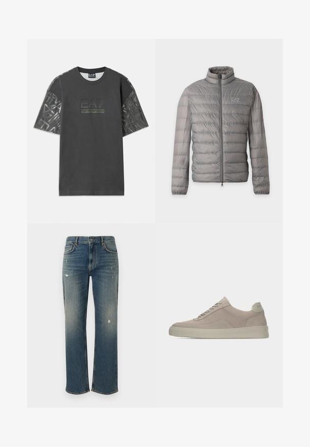 Graue leichte Steppjacke mit horizontaler Steppung, hohem Kragen, durchgehendem Frontreißverschluss und kleinem EA7 Emporio Armani-Logo auf der Brust.; Graues Baumwoll-T-Shirt mit kurzen Ärmeln, das ein gemustertes Gewebe an den Ärmeln aufweist und ein zentrales Logo mit der Aufschrift "EA7 Emporio Armani" trägt.; Dunkelblaue Denim-Jeans mit geradem Schnitt, die leichte Auswaschungen und abgenutzte Stellen aufweisen. Klassisches Fünf-Taschen-Design und Knopfverschluss.; Beige Wildledersneaker mit strukturierter Oberfläche, abgerundeter Zehenpartie und tonalen Schnürsenkeln. Verfügt über eine dicke Gummisohle und dezente Markenkennzeichnung an der Ferse.