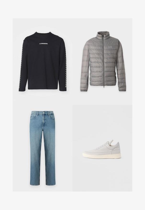 Graue leichte Steppjacke mit horizontaler Steppung, hohem Kragen, durchgehendem Frontreißverschluss und kleinem EA7 Emporio Armani-Logo auf der Brust.; Langärmliges schwarzes T-Shirt aus Baumwolle, mit Rundhalsausschnitt und J.Lindeberg-Logo auf der Brust, mit kariertem Muster an den Ärmeln.; Hellblaue Jeans aus Denim mit geradem Schnitt, fünf Taschen und einem Knopfverschluss an der Taille. Abgesteppte Details entlang der Nähte.; Hellgrauer Ledersneaker mit strukturierten Seiten, Schnürung vorne und cremefarbener Gummisohle. Verfügt über eine glatte Zehenkappe und minimalistische Designdetails.