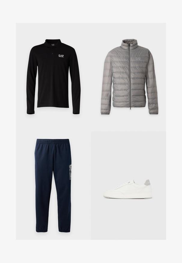 Hall kerge sulejope horisontaalse triibutusega, kõrge kraega, täieliku esiluku ja väikese EA7 Emporio Armani logoga rinnal.; Must värvusega pikkade varrukatega polo särk, mis on valmistatud puuvillast, omades kolmest nööbist koosnevat taljeosa ja valget tikandiga logo vasakul rinnal.; Tume sinised dressipüksid elastse vöökoha, kitsenevate jalgade ja valge logoga küljel. Sile kangas kergesti ja õhuliselt.; Valge madala lõikega tennisking halli kandklambri, valgete paelte ja tekstuuriga tallaga, esitletud ühtlasel heledal taustal.