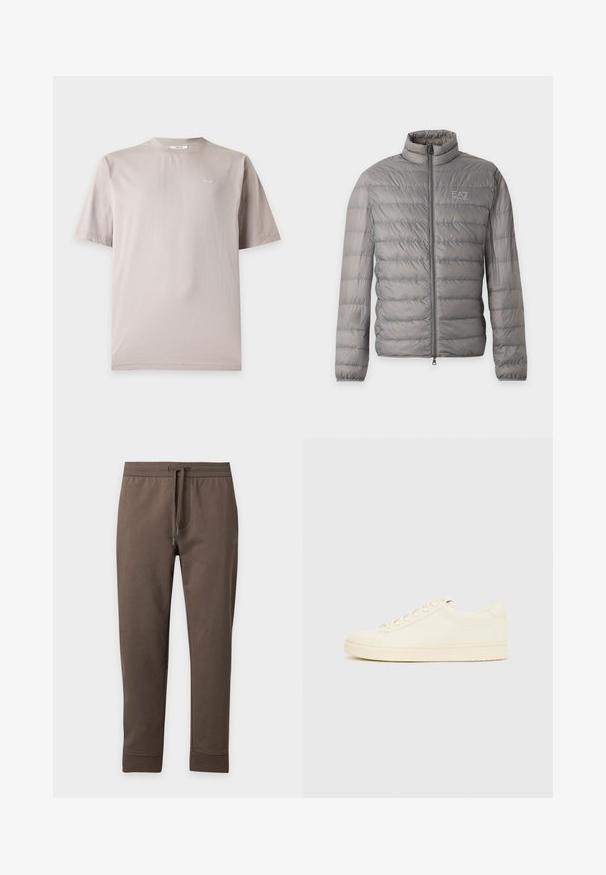Veste matelassée légère grise avec quilting horizontal, col montant, fermeture éclair complète sur le devant et petit logo EA7 Emporio Armani sur la poitrine.; T-shirt en coton beige clair à manches courtes avec petit logo blanc "NN.07" sur la poitrine gauche et col rond.; Pantalon de survêtement marron fuselé avec taille élastique et cordon, présenté à plat sur un fond clair.; Baskets couleur crème avec une tige en cuir lisse, bout arrondi, laçage à l'avant et semelle en caoutchouc texturée. Design minimaliste, sans logo.