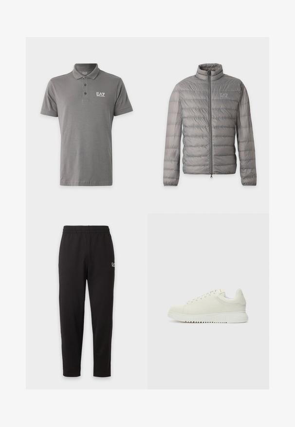 Veste matelassée légère grise avec quilting horizontal, col montant, fermeture éclair complète sur le devant et petit logo EA7 Emporio Armani sur la poitrine.; Polo gris à manches courtes avec trois boutons et logo blanc "EA7 Emporio Armani" sur la poitrine gauche.; Pantalon de survêtement noir à taille élastique, jambes fuselées, avec un petit logo blanc sur la partie supérieure de la cuisse gauche.; Baskets blanches en cuir avec un dessus texturé, bout rond, semelle plate blanche et lacets ton sur ton. Marque discrète sur la languette.