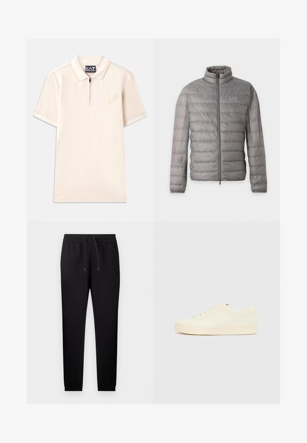 Sivá ľahká prešívaná bunda s horizontálnym prešívaním, vysokým golierom, celým predným zipsom a malým logom EA7 Emporio Armani na hrudi.; Béžová polo tričko s krátkymi rukávmi, zipsovým golierom a jemným výšivkovým logom. Mäkká látka s kontrastnými akcentmi na golieri a rukávoch.; Čierne zúžené teplákové nohavice s elastickým pásom a sťahovacou šnúrkou, s manžetami na členkoch a bočnými vreckami.; Sneaker krémovej farby s hladkým koženým zvrškom, zaoblenou špičkou, šnurovačkou vpredu a textúrovanou gumovou podrážkou. Minimalistický dizajn, bez loga.