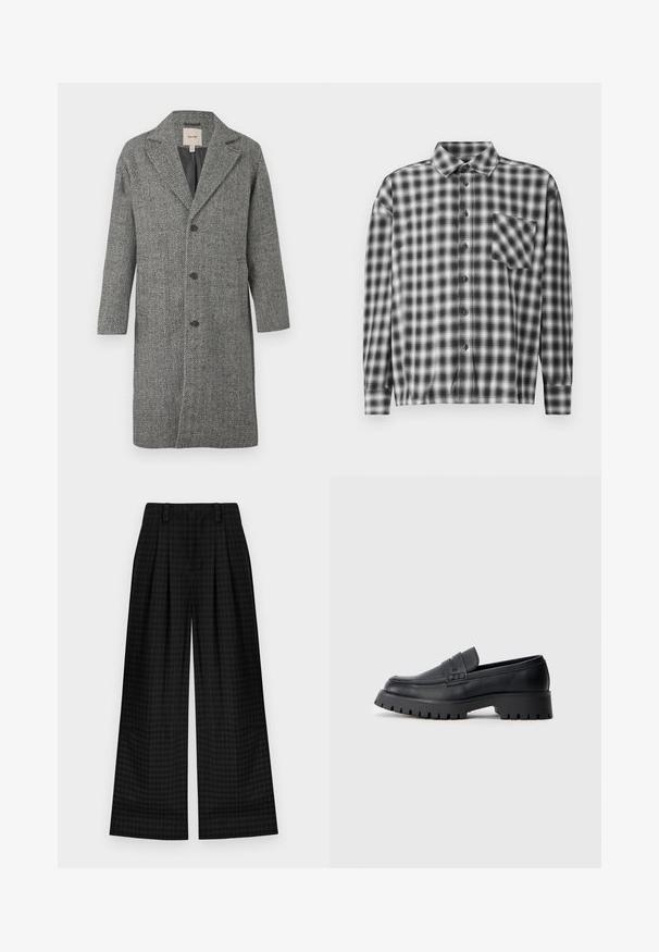 Grijze visgraatmantel met een notched kraag, enkele knoopsluiting en twee zijzakken. Zachte, gestructureerde stof met een strakke, op maat gemaakte silhouet.; Zwart-wit geruite blouse met lange mouwen, gemaakt van zachte stof, met een knoopsluiting aan de voorkant en een borstzak. Gekraagde ontwerp met een relaxte pasvorm.; Zwarte geruite wijde broek met plooien, voorzien van een gladde textuur en klassiek ontwerp. Lichtgewicht stof voor comfort.; Zwarte leren instappers met een ronde neus, voorzien van een decoratieve riem en een stevige rubberen zool met diepe groeven voor grip.