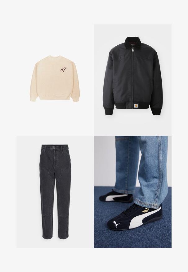 Sort bomberjakke med lynlås, trykknapkrave, ribbede manchetter og kant. Har et logo-patch nederst til venstre. Glat tekstur.; Beige crewneck sweater med lange ærmer og ribbede manchetter, med en lille mørk broderet skrifttype "P" på venstre bryst.; Sorte denim jeans med høj talje, lige ben og store forlommer. Har kontrasterende syninger og ingen synlige logoer.; Sorte ruskinds sneakers med hvide detaljer og et guldlogo. Båret med lyseblå denimjeans og sat på en struktureret blå overflade.