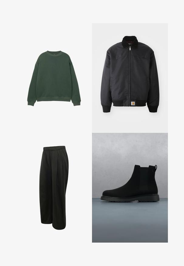 Sort bomberjakke med lynlås, trykknapkrave, ribbede manchetter og kant. Har et logo-patch nederst til venstre. Glat tekstur.; Mørkegrøn sweatshirt med rund hals, lange ærmer og ribbede manchetter. Fremstillet af et blødt, struktureret stof med et afslappet fit design.; Sorte vidde bukser med elastisk talje og sideløbende striber, løs pasform og afslappet stil.; Sort ankelstøvle lavet af glat materiale med diskrete syninger, en gummisål og et strømlinet design, placeret over en overflade med træstruktur.