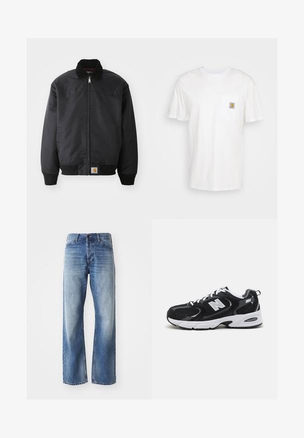 Μαύρο bomber jacket με φερμουάρ, κολάρο με κουμπιά, πλεκτές μανσέτες και στρίφωμα. Διαθέτει λογότυπο στην κάτω αριστερή πλευρά. Λείος υφασμάτινος χαρακτήρας.; Λευκό βαμβακερό T-shirt με κοντά μανίκια, τσέπη στο στήθος και ένα μικρό τετράγωνο λογότυπο σε πορτοκαλί και λευκό στην τσέπη.; Μπλε τζιν straight-leg παντελόνι με ελαφριά φθορά στους μηρούς και γόνατα, διαθέτοντας πέντε τσέπες και κλείσιμο με κουμπί.; Μαύρα και γκρι αθλητικά παπούτσια με ανώτερο μέρος από δίχτυ και σουέτ, διαθέτοντας λευκή ενδιάμεση σόλα, κορδόνια και έντονο λογότυπο "N" στο πλάι.