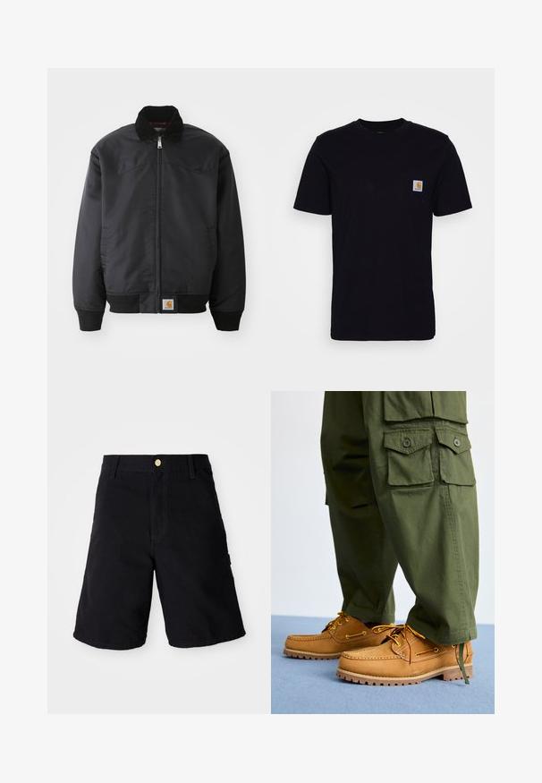 Μαύρο bomber jacket με φερμουάρ, κολάρο με κουμπιά, πλεκτές μανσέτες και στρίφωμα. Διαθέτει λογότυπο στην κάτω αριστερή πλευρά. Λείος υφασμάτινος χαρακτήρας.; Μαύρη βαμβακερή μπλούζα με κοντά μανίκια, στρογγυλή λαιμόκοψη και τσέπη στο στήθος που διαθέτει ένα μικρό, τετράγωνο λογότυπο. Απλός, συμπαγής σχεδιασμός.; Μαύρα τζιν σορτς με κούμπω, με ίσια γραμμή, πλαϊνές τσέπες και ενισχυμένες ραφές για αυξημένη αντοχή.; Timberland AUTHENTIC 3 EYE - Παπούτσια για σκάφος - wheat