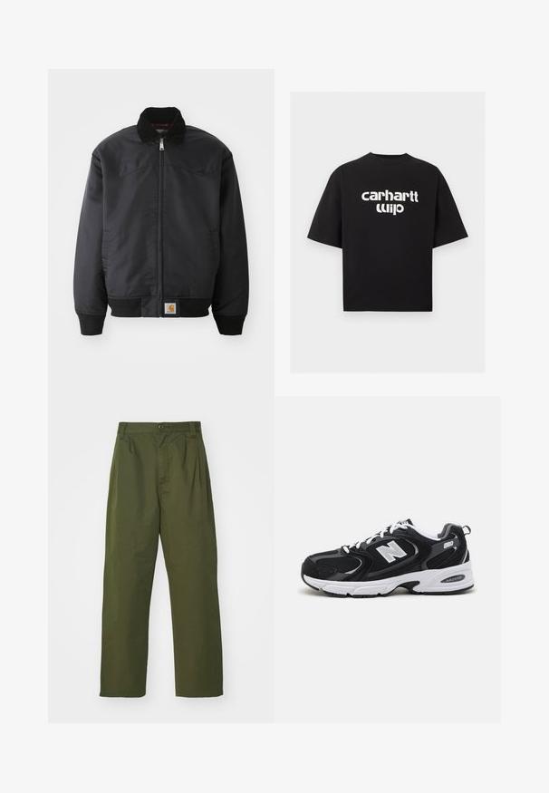 Μαύρο bomber jacket με φερμουάρ, κολάρο με κουμπιά, πλεκτές μανσέτες και στρίφωμα. Διαθέτει λογότυπο στην κάτω αριστερή πλευρά. Λείος υφασμάτινος χαρακτήρας.; Μαύρο κοντομάνικο t-shirt με φαρδιά γραμμή και λευκό παραμορφωμένο λογότυπο κειμένου "carhartt wip" στο κέντρο εμπρός.; Ελαιοπράσινα παντελόνια με ψηλή μέση και ίσια γραμμή. Φτιαγμένα από ελαφρύ ύφασμα, με πτυχές μπροστά και κλείσιμο με κουμπί.; Μαύρα και γκρι αθλητικά παπούτσια με ανώτερο μέρος από δίχτυ και σουέτ, διαθέτοντας λευκή ενδιάμεση σόλα, κορδόνια και έντονο λογότυπο "N" στο πλάι.