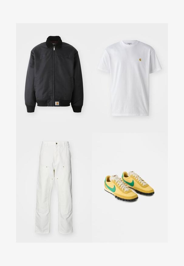 Μαύρο bomber jacket με φερμουάρ, κολάρο με κουμπιά, πλεκτές μανσέτες και στρίφωμα. Διαθέτει λογότυπο στην κάτω αριστερή πλευρά. Λείος υφασμάτινος χαρακτήρας.; Λευκό βαμβακερό T-shirt με κοντά μανίκια, κλασική λαιμόκοψη, που διαθέτει ένα μικρό χρυσό λογότυπο στην αριστερή περιοχή του στήθους. Μαλακή υφή και κανονική εφαρμογή.; Λευκά βαμβακερά cargo παντελόνια με χαλαρή εφαρμογή. Ενδεικτικά χαρακτηριστικά περιλαμβάνουν μπροστινές τσέπες, χρυσές λεπτομέρειες και ενισχυμένα γόνατα.; Κίτρινες αθλητικές παπούτσια Nike με πράσινα λογότυπα swoosh, λευκές κορδόνες και μαύρες υφασμάτινες σόλες, γυρισμένα προς τα δεξιά σε λευκό φόντο.