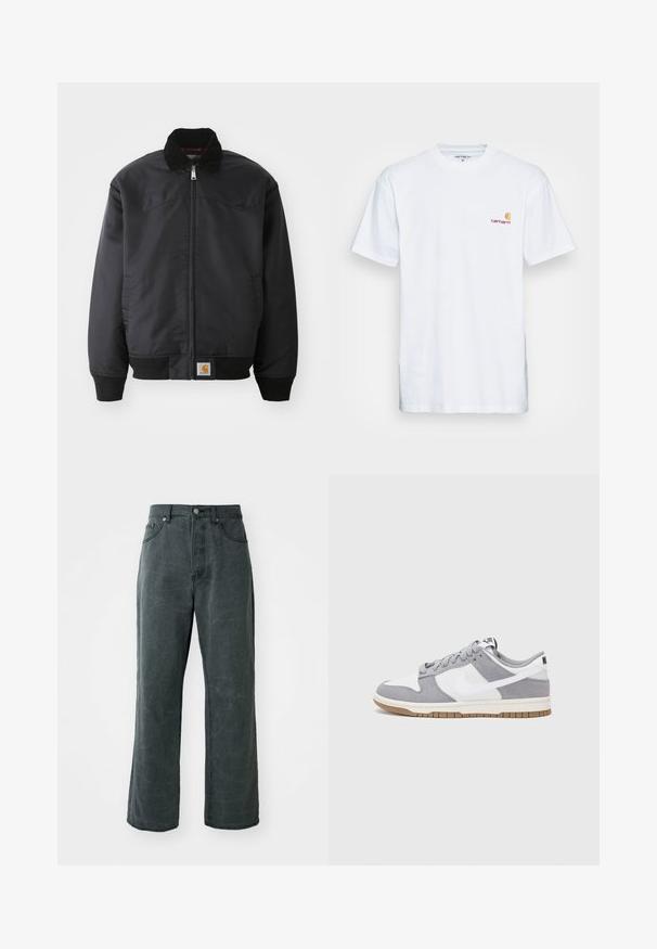 Sort bomberjakke med lynlås, trykknapkrave, ribbede manchetter og kant. Har et logo-patch nederst til venstre. Glat tekstur.; Hvid bomulds t-shirt med korte ærmer. Designet med et lille orange og maroon logo på venstre bryst. Har en klassisk rund hals.; Bredde ben mørkegrå jeans lavet af denim, med høj talje, fem-lomme design og en subtil distressed tekstur.; Nike-sneakers har en øverste del i gråt ruskind og hvidt læder med perforeringer, runde snørebånd og en gummisål for greb.
