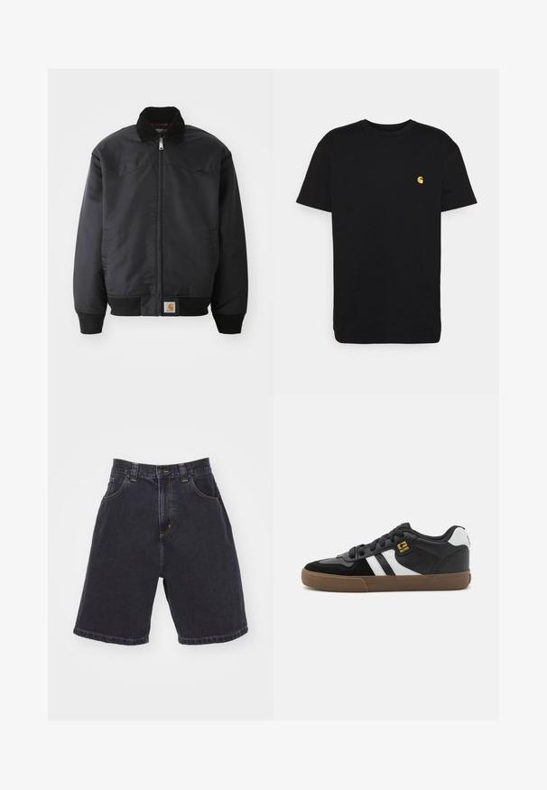 Μαύρο bomber jacket με φερμουάρ, κολάρο με κουμπιά, πλεκτές μανσέτες και στρίφωμα. Διαθέτει λογότυπο στην κάτω αριστερή πλευρά. Λείος υφασμάτινος χαρακτήρας.; Μαύρο βαμβακερό t-shirt με κοντά μανίκια, κλασικό λαιμόκομμα και ένα μικρό κίτρινο λογότυπο στην αριστερή πλευρά του στήθους. Απλός σχεδιασμός και κανονική εφαρμογή.; Σκούρο τζιν σορτσάκι με ψηλή μέση, με δύο μπροστινές τσέπες, αντίθετη κίτρινη ραφή και ίσια γραμμή με τελειωμένο στρίφωμα.; Μαύρα και λευκά αθλητικά παπούτσια με σουέτ και δερμάτινο επάνω μέρος, που διαθέτουν λευκές ρίγες, μαύρες κορδόνες και καφέ ελαστική σόλα. Χρυσά λογότυπα.